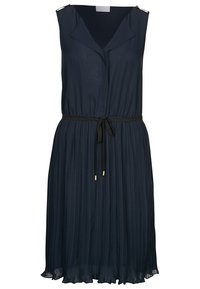 Ärmlös mörkblå klänning med plisserad kjol, V-ringning och svart dragsko med guldtippade ändar i midjan.