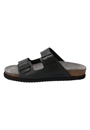 Sandales en caoutchouc noir avec deux boucles réglables, semelle intérieure en peau de chamois, semelle intermédiaire en liège et semelle extérieure texturée noire. Taille non spécifiée.