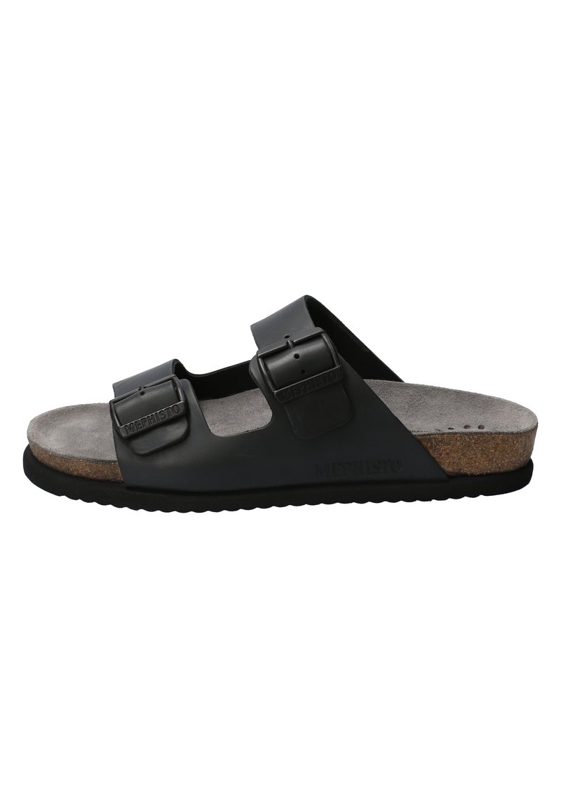 Zwarte rubberen sandalen met twee verstelbare gespen, een suède voetbed, een kurken tussenzool en een gestructureerde zwarte buitenzool. Maat niet gespecificeerd.
