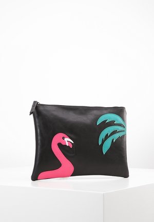 Black zip pouch with a pink flamingo head and teal palm leaves stitched on the front, displayed on a white surface.