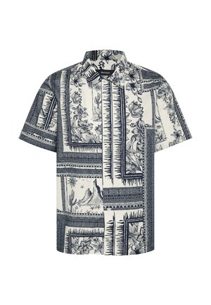 Krátký rukáv košile vyrobená z lehkého materiálu, s námořnickým a bílým botanickým potiskem a geometrickými vzory na okrajích. Design na zapínání na knoflíky.