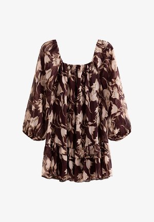 Blusa floreale marrone fluida con lunghe maniche a sbuffo, scollatura quadrata e orlo arricciato. Realizzata in tessuto leggero e trasparente con una finitura testurizzata.