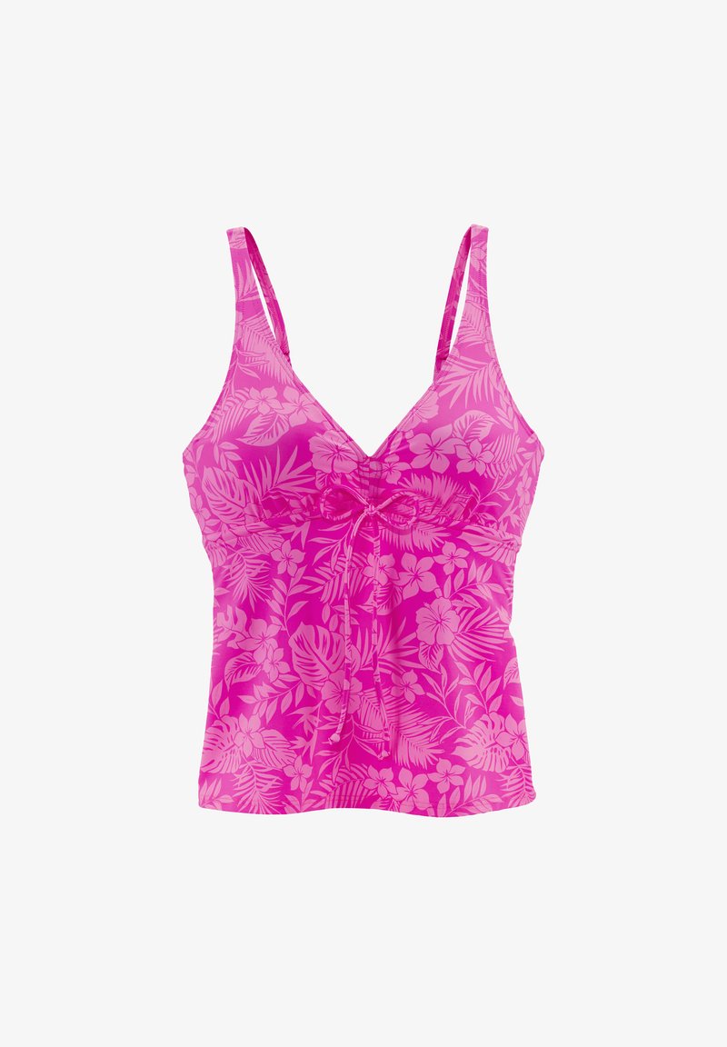 Pink floral tankini top with adjustable shoulder straps and a front tie bow, featuring tropical leaf and flower patterns.