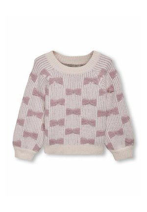 Cream sweater featuring a textured check pattern with pink knit bows. Ribbed cuffs and neckline, pullover style. Soft, cozy fabric.