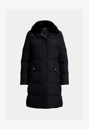 Manteau en duvet noir avec fermeture éclair et boutons-pression, col en fausse fourrure, poches avant et texture matelassée. Longueur genou avec une coupe décontractée.