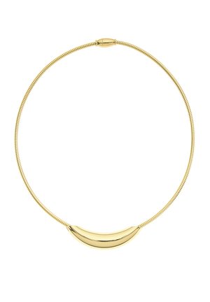 Goldene Halskette mit einem glatten, gebogenen Halbmond-Anhänger an einer flexiblen, segmentierten Kette und einem Magnetverschluss.