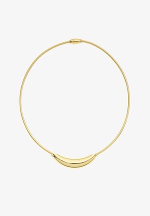 Goldene Halskette mit einem glatten, gebogenen Halbmond-Anhänger an einer flexiblen, segmentierten Kette und einem Magnetverschluss.