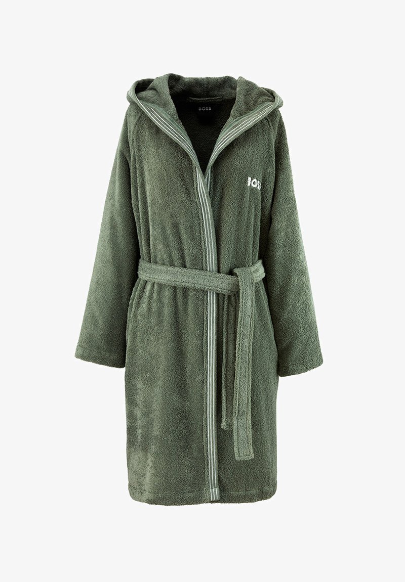Accappatoio verde con cappuccio, cintura frontale e bordino a righe lungo i bordi, realizzato in morbido tessuto spugna.