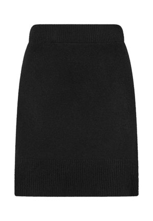 Gonna nera a maglia con vita e orlo a coste. Design semplice, taglio dritto, texture morbida, adatta per abbigliamento casual o formale.