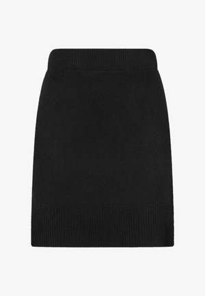 Gonna nera a maglia con vita e orlo a coste. Design semplice, taglio dritto, texture morbida, adatta per abbigliamento casual o formale.