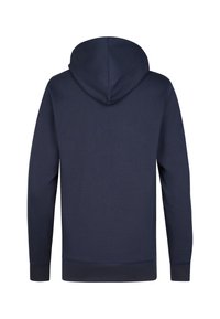 Námornícky modrá mikina s kapucňou a klokankou, dlhé rukávy a šnúrku na kapucni. Materiál z bavlnenej zmesi s hladkou textúrou a rebrovanými manžetami.