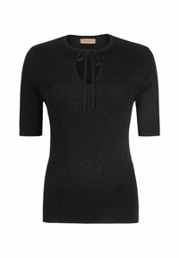 Svart stickad topp med korta ärmar och rund halsringning. Har en nyckelhålsöppning med en knyt-detall. Slät textur med subtil glans.