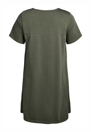 Maslinasto zelena pamučna haljina s T-kragnom, kratkim rukavima, okruglim izrezom i šivanjem na leđima s glatkom teksturom.