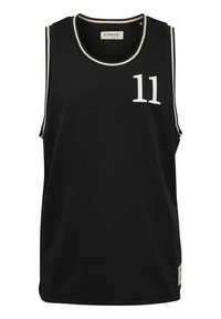 Sort mesh basketballtrøje med hvidt nummer "11," kontrast hvid piping langs halsudskæringen og armhulerne samt et vævet mærke ved sømmen.