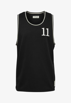 Must mustelastest võrkpallijersey musta värvi, millel on valge number "11", kontrastne valge äärejoon kaeluses ja käeaukudes ning kudumisbrändi sildike allservas.