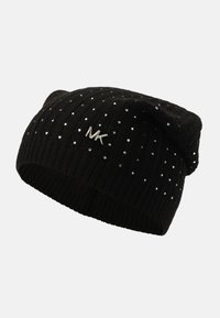 Zwarte gebreide beanie met ribbeltextuur, versierd met zilveren rhinestones, heeft een klein metallic logo en is ontworpen voor een losse pasvorm.