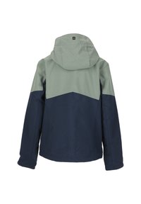 Vattentät jacka med huva. Ljusgrå övre del, mörk marinblå nedre del och ett chevronmönster där färgerna möts. Slät textur.