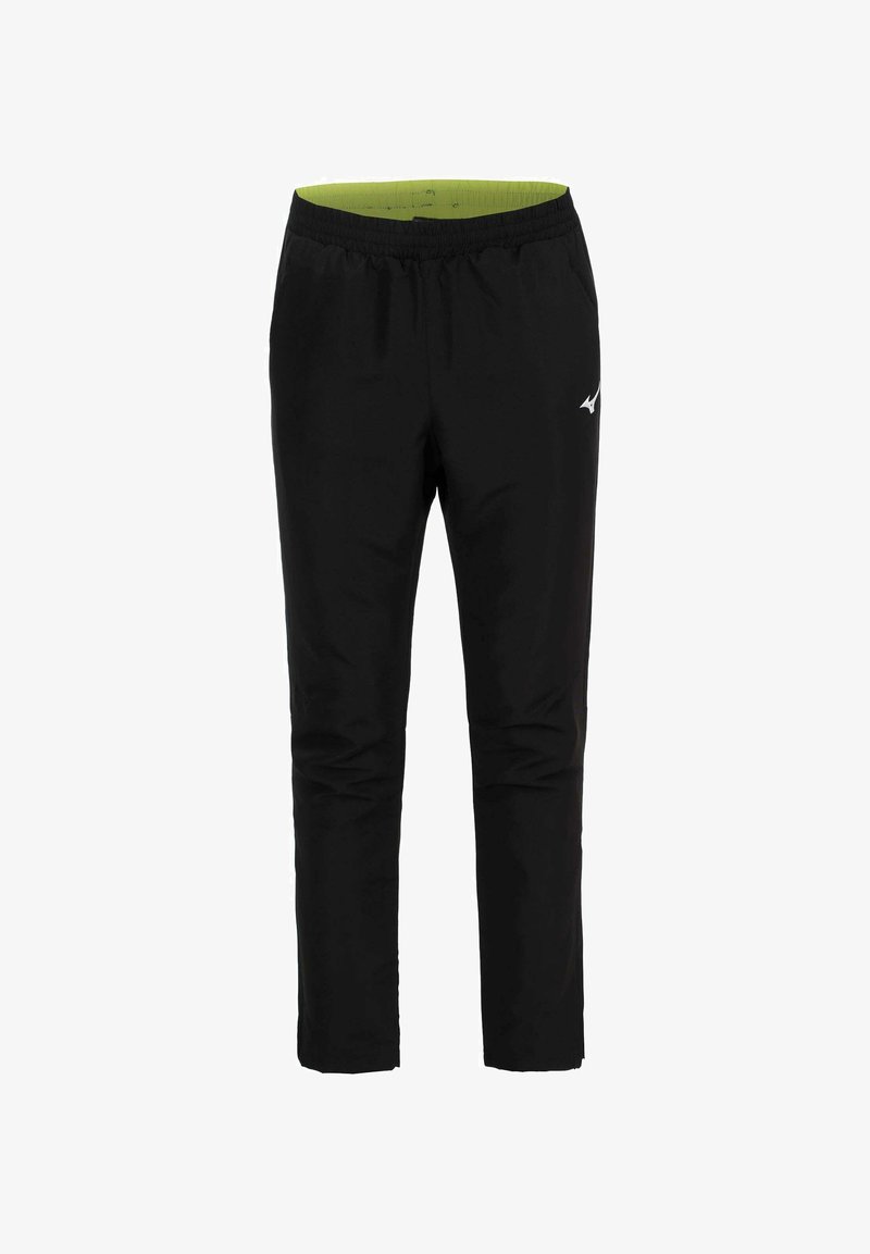 Pantalon de sport noir avec taille élastique, poches latérales, doublure intérieure verte et logo blanc sur la cuisse droite.