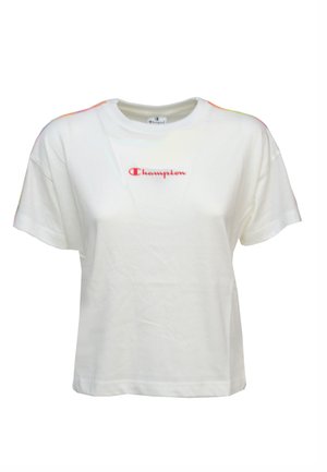 Hvit bomulls t-skjorte med kort erm og rund hals, med rødt "Champion"-logo trykket foran. Har kontrasterende detaljer på ermene.