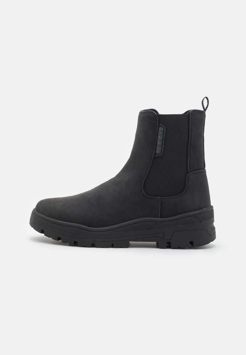 Črne gležnjarje iz gladke usnje z elastičnimi stranskimi paneli, zanka za obuvanje in robustnim gumijastim podplatom za oprijem.