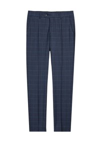 Granatowe spodnie w kratę wykonane z teksturowanej tkaniny, z zapięciem na guzik i bocznymi kieszeniami, o dopasowanym kroju.
