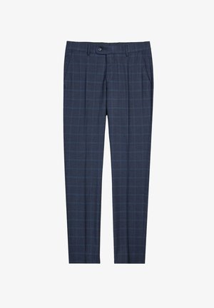 Granatowe spodnie w kratę wykonane z teksturowanej tkaniny, z zapięciem na guzik i bocznymi kieszeniami, o dopasowanym kroju.