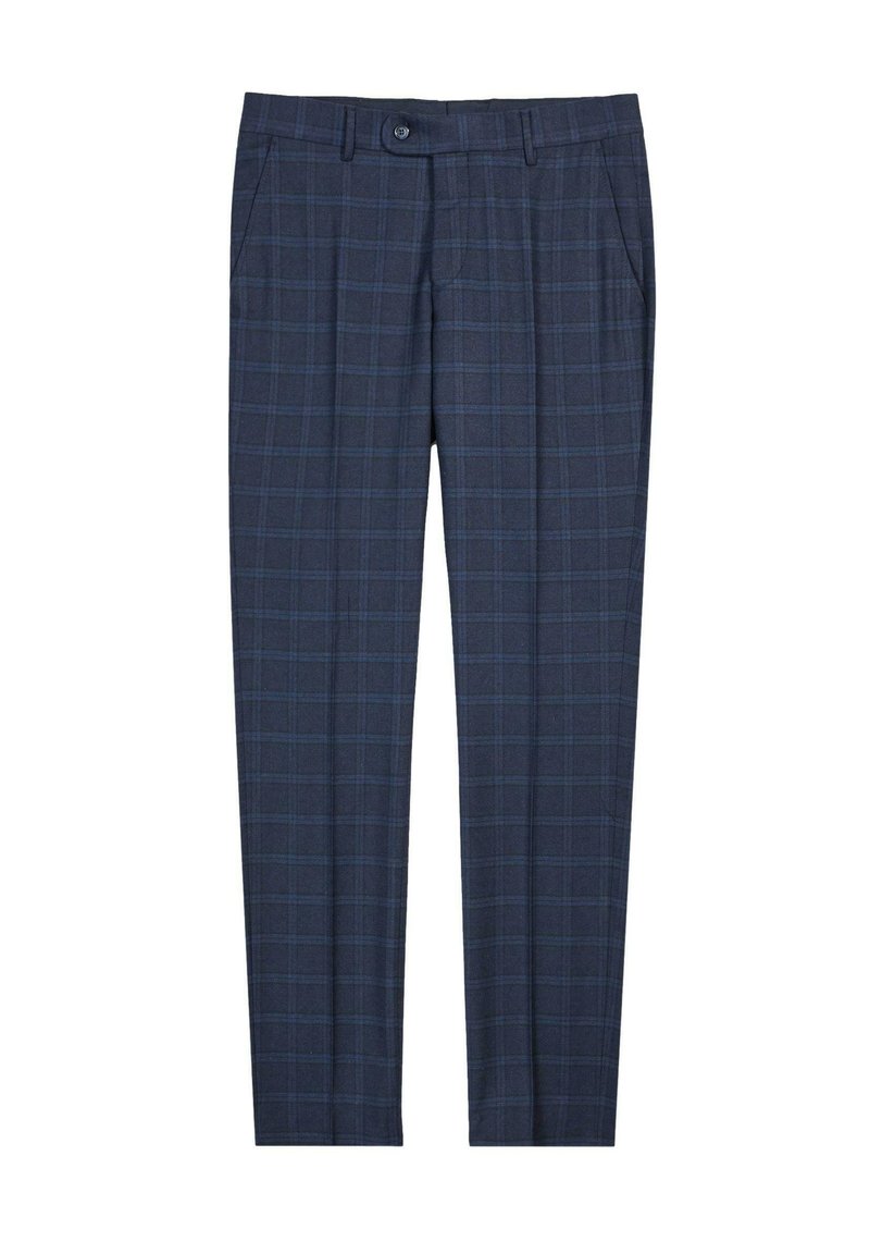 Granatowe spodnie w kratę wykonane z teksturowanej tkaniny, z zapięciem na guzik i bocznymi kieszeniami, o dopasowanym kroju.
