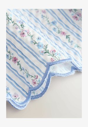 Tessuto a motivo floreale con righe blu e bianche. Caratterizzato da bordi smerlati e cuciture azzurro chiaro. Texture morbida e design leggero.