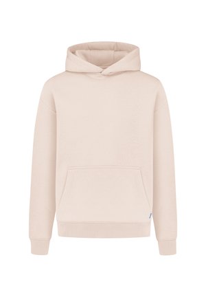 Hættebluse i lys beige, lavet af blødt materiale. Har en frontlomme, ribbede manchetter og en afslappet pasform.