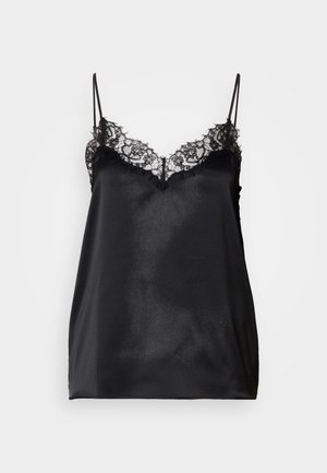 Zwarte satijnen camisole met verstelbare dunne bandjes, voorzien van een kantafwerking langs de halslijn en een gladde, glanzende textuur.