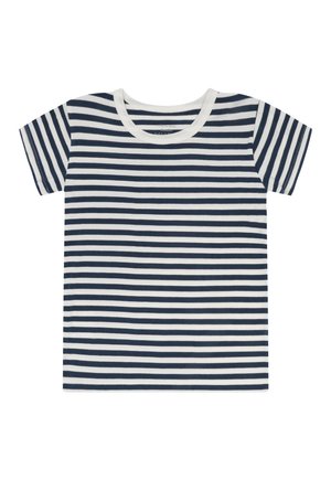 Kurzärmeliges T-Shirt mit Rundhalsausschnitt und horizontalen Marineblau-weißen Streifen, flach liegend auf weißem Hintergrund.