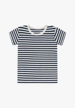 Maglietta a maniche corte con scollo rotondo e strisce orizzontali blu navy e bianche, vista dall'alto su sfondo bianco.