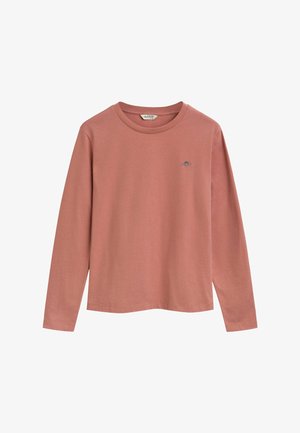 Langsleeve, zacht katoenen t-shirt in gedempt roze, met ronde hals en een klein geborduurd logo op de borst. Rechte zoom.