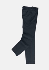 Dunkelblaue Hose mit glatter Textur, tailliertem Design, flacher Vorderseite und zwei Seitentaschen. Merkmale einen geraden Beinverlauf.