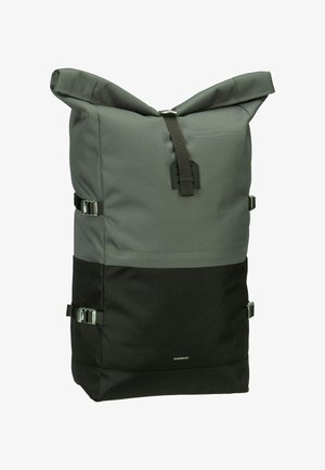 Gray and black roll-top backpack with adjustable side straps, made from durable fabric, featuring a smooth texture and minimal branding.