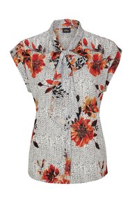 Blusa floreale con base bianca e strisce nere, fiori arancioni e rossi, maniche corte e dettagli con nodo al collo. Tessuto leggero.