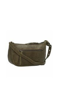 Borsa a tracolla in pelle verde oliva con finitura testurizzata, tasca con zip e tracolla regolabile avente borchie decorative. Design compatto e pratico.