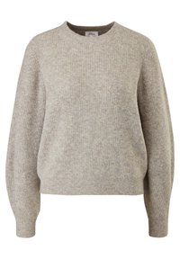 Maglione beige a coste con scollo rotondo e maniche lunghe. Realizzato in un tessuto a maglia testurizzato, presenta una vestibilità comoda e leggere variazioni di colore.