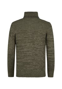 Pulover verde tricotat cu guler înalt; prezintă un model texturat, heathered și manșete și tiv cu nervuri. Vedere din spate afișată.