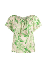 Korte mouwen blouse in crème met groene bloemenprint. Heeft een elastische off-the-shoulder halslijn en een vloeiende silhoeet.
