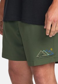 Shorts verdi realizzati in un tessuto leggero con una grafica di montagne in blu, beige e accenti gialli, abbinati a una t-shirt nera sopra.