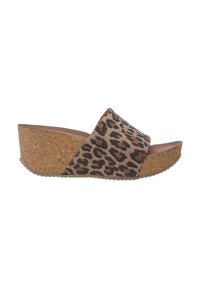 Korkové wedge sandály s leopardím potiskem, širokým páskem a hladkým povrchem. Mají mírně zvýšený podpatek pro pohodlí.