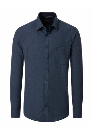 Chemise pour homme bleu foncé à manches longues, avec boutons, col et poche poitrine, présentée sur un fond blanc.