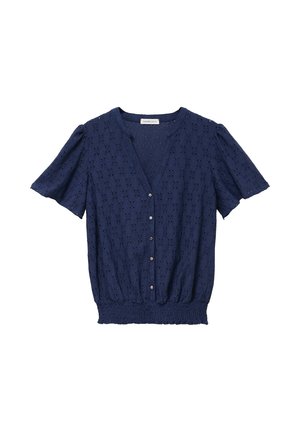Marineblauwe blouse met korte mouwen, een V-hals, oogjesstructuur, knoopsluiting aan de voorkant en een elastische zoom voor een aansluitende pasvorm.