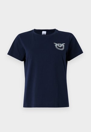 T-shirt em algodão azul marinho de mangas curtas, apresentando um design decorativo bordado em fios multicoloridos no lado esquerdo do peito.