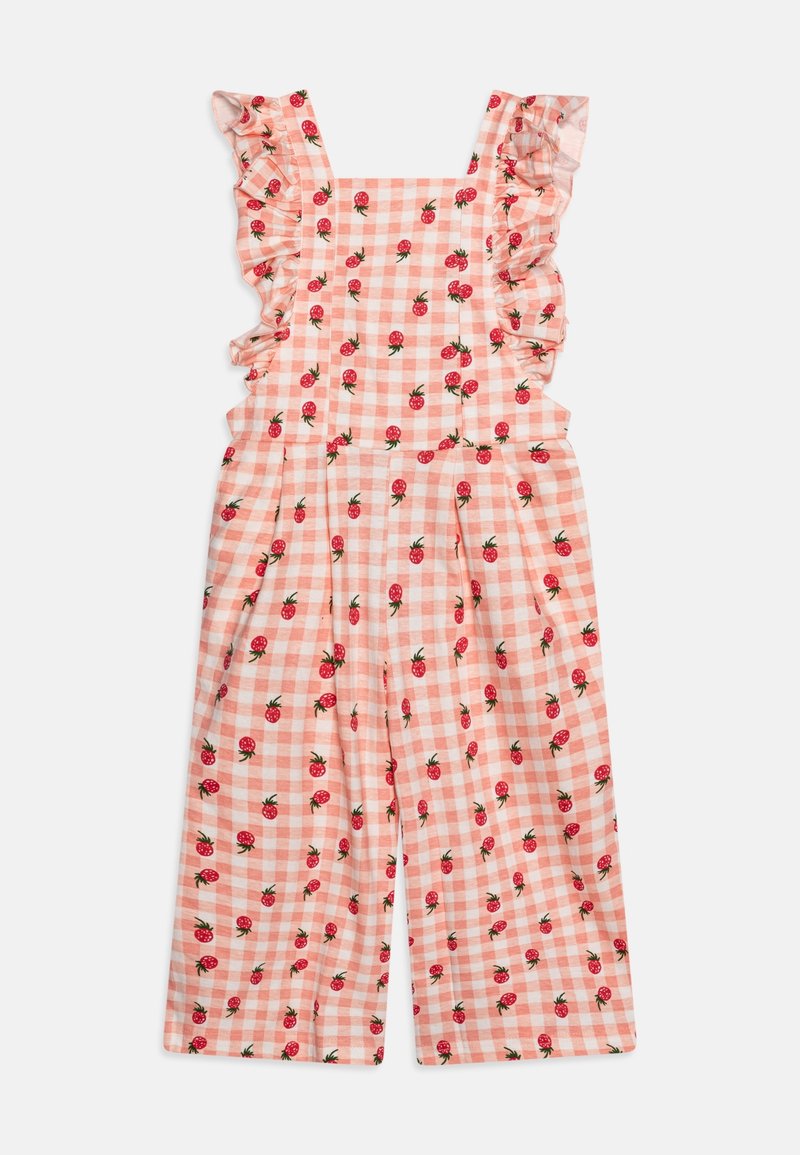Combinaison sans manches à carreaux rose et blanc avec imprimés fraises rouges et bretelles volantées pour enfants.