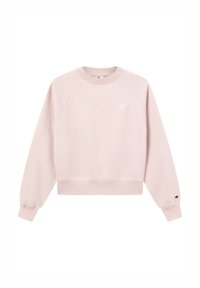 Lichtroze sweatshirt met ribbelboord bij de hals en cuffs, met een iets cropped pasvorm en een klein logo op de borst. De stoffen lijken soepel.