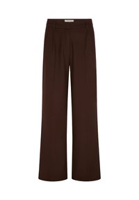 Pantalon large marron à taille haute, avec des plis sur le devant et une texture lisse. Fabriqué en tissu léger.