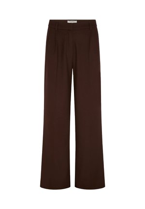 Pantalon large marron à taille haute, avec des plis sur le devant et une texture lisse. Fabriqué en tissu léger.