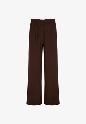 Pantalon large marron à taille haute, avec des plis sur le devant et une texture lisse. Fabriqué en tissu léger.